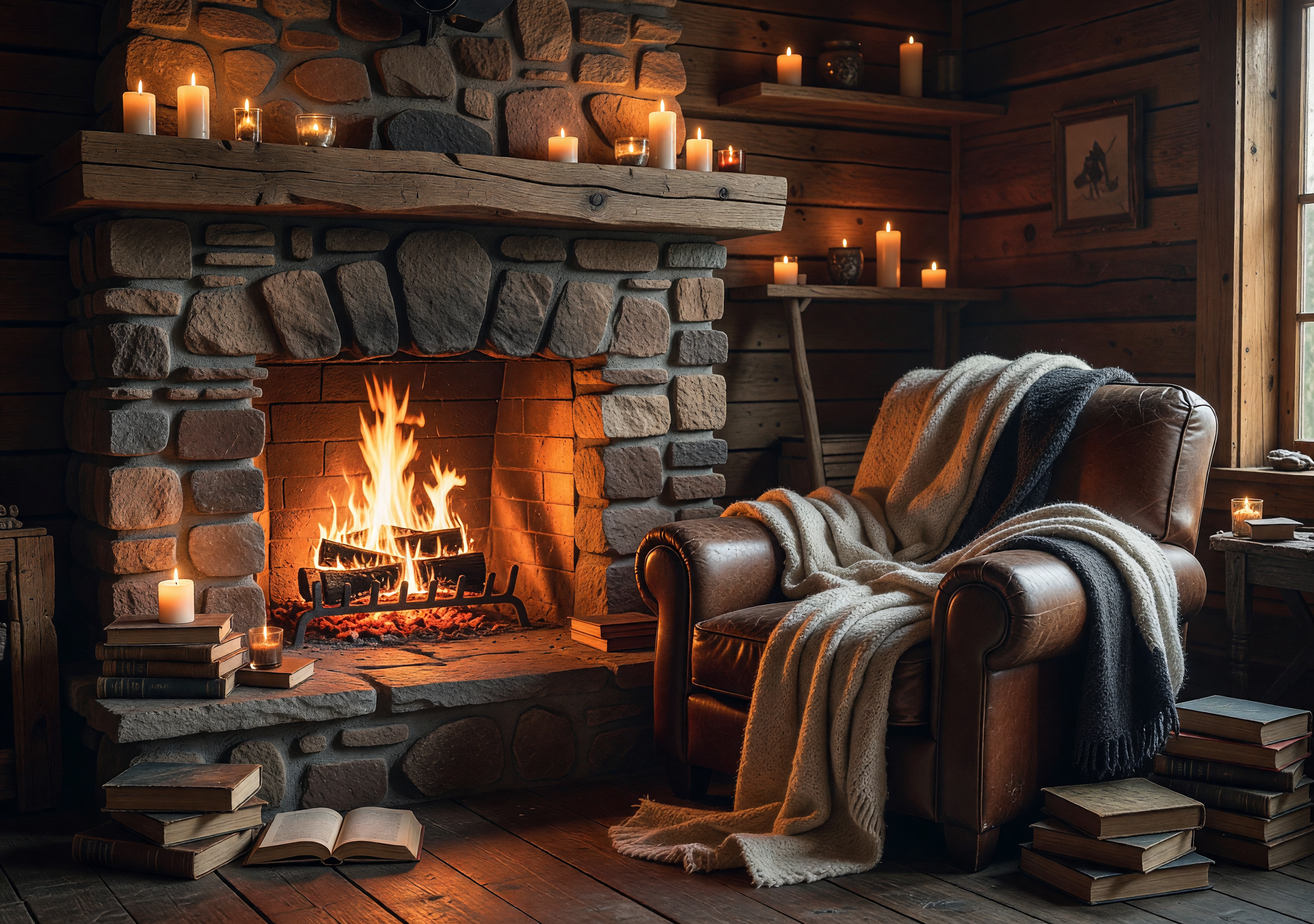 Cozy cabin fireplace interior