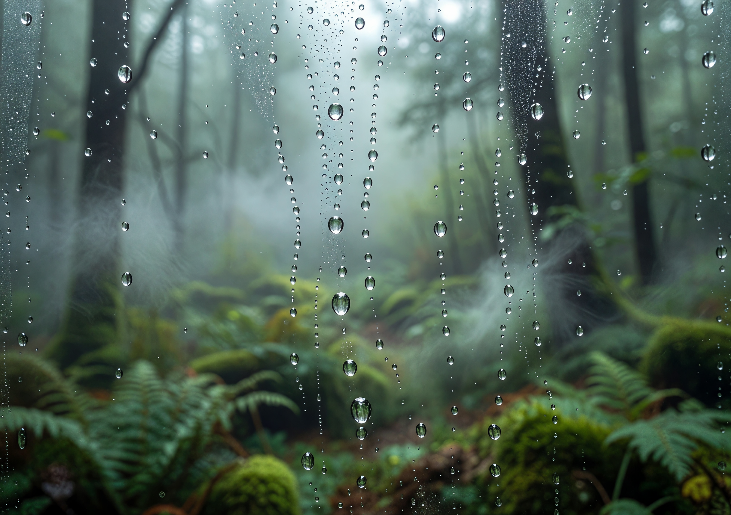 雨粒の窓と森の眺め